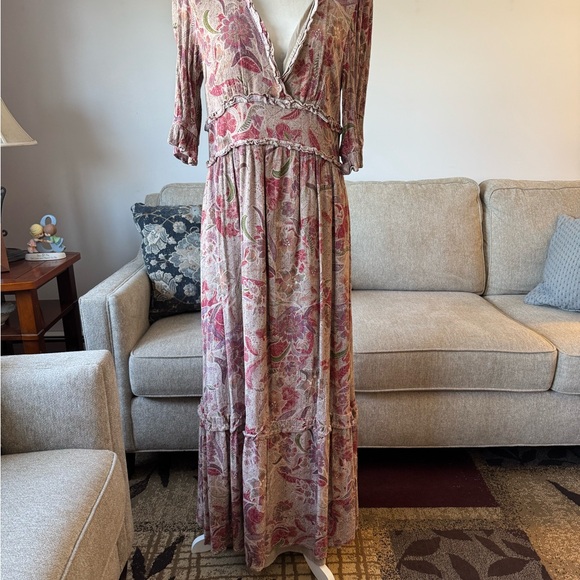 BTFL - Life Ruffled Maxi Dress Size Large Muted Neutrals and Pink Back zipper - Picture 2 of 11